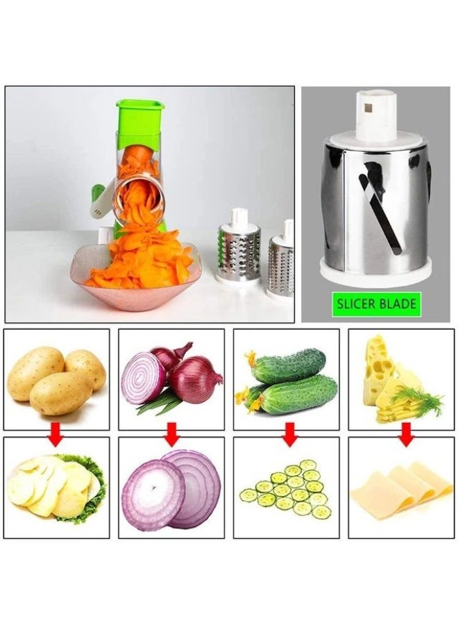 3-in-1 Manual Tabletop Drum Slicer & Vegetable Grater - Rotary Cheese Shredder, Mandoline Cutter & Nut Grinder with 3 Interchangeable Stainless Steel Blades & Suction Base (Green) - Image 2